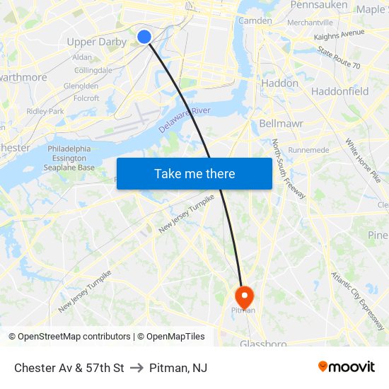 Chester Av & 57th St to Pitman, NJ map