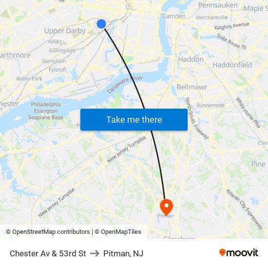 Chester Av & 53rd St to Pitman, NJ map