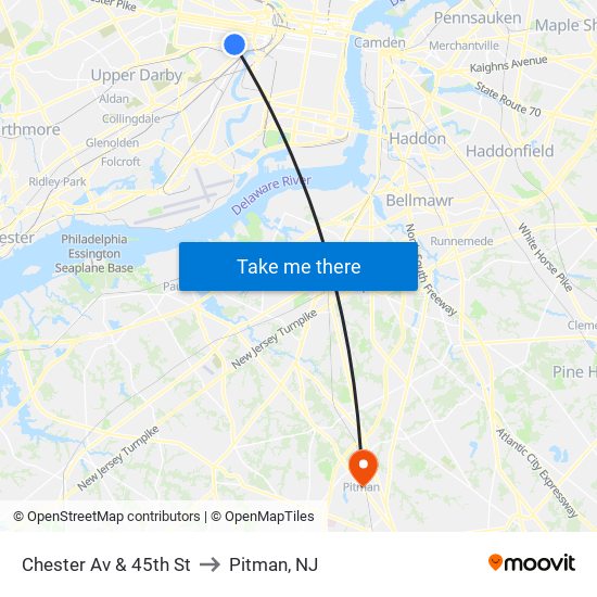 Chester Av & 45th St to Pitman, NJ map