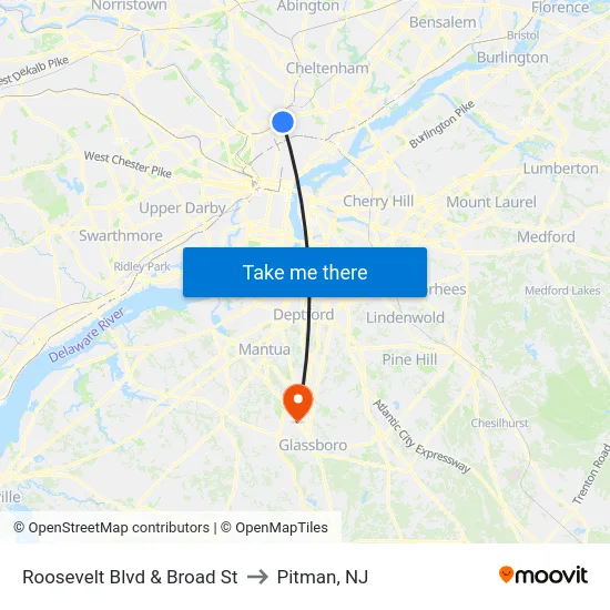 Roosevelt Blvd & Broad St to Pitman, NJ map