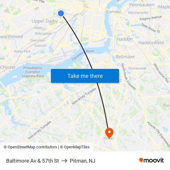 Baltimore Av & 57th St to Pitman, NJ map