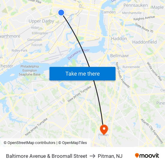 Baltimore Avenue & Broomall Street to Pitman, NJ map