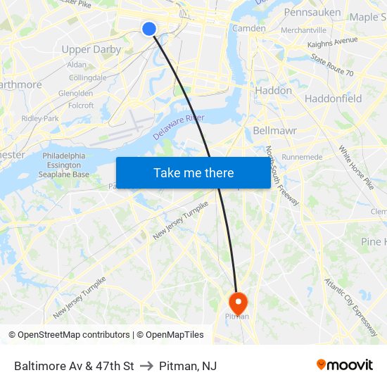 Baltimore Av & 47th St to Pitman, NJ map