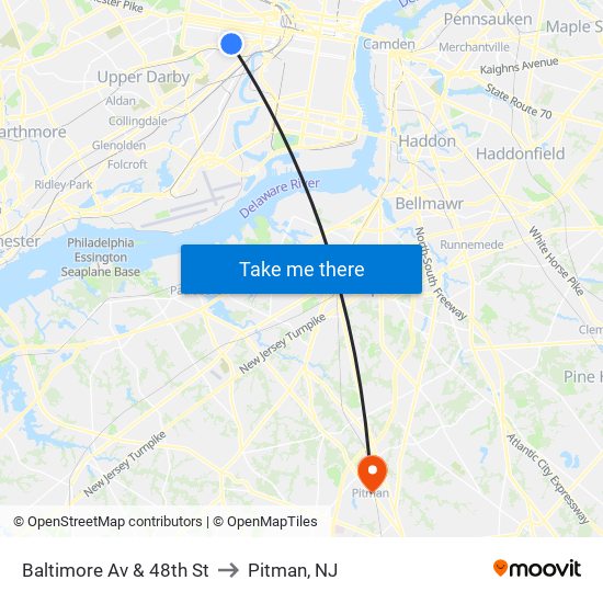 Baltimore Av & 48th St to Pitman, NJ map