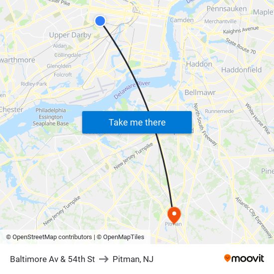 Baltimore Av & 54th St to Pitman, NJ map