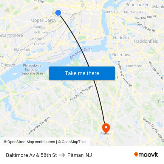 Baltimore Av & 58th St to Pitman, NJ map