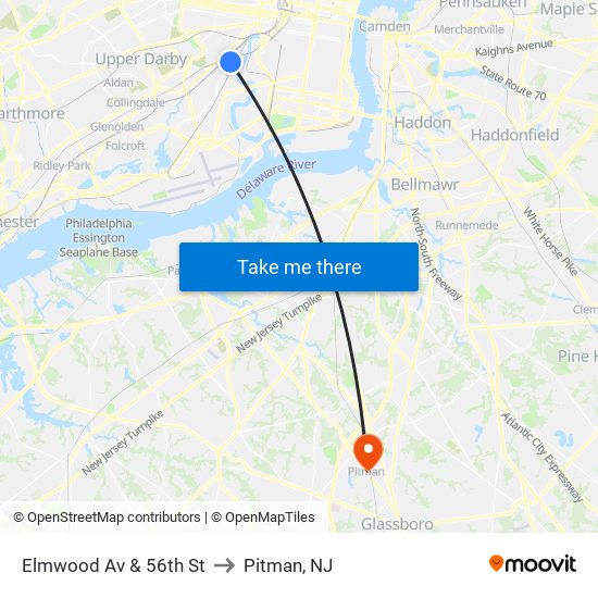 Elmwood Av & 56th St to Pitman, NJ map