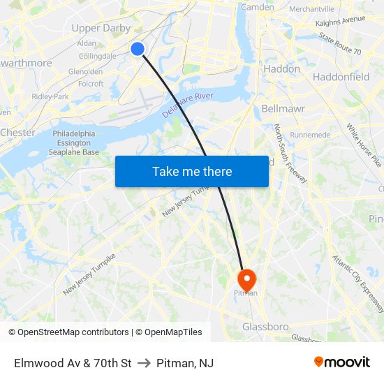 Elmwood Av & 70th St to Pitman, NJ map