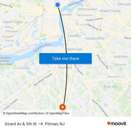 Girard Av & 5th St to Pitman, NJ map