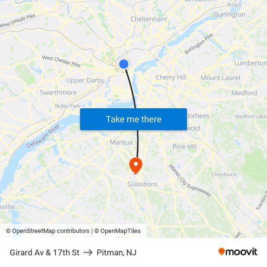 Girard Av & 17th St to Pitman, NJ map