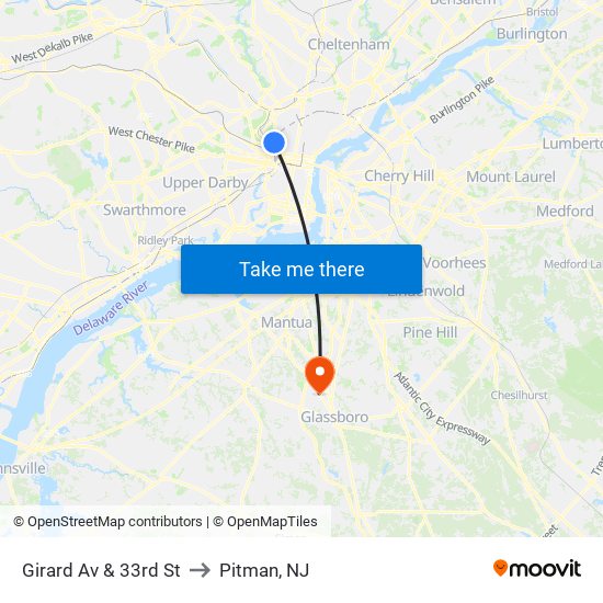 Girard Av & 33rd St to Pitman, NJ map