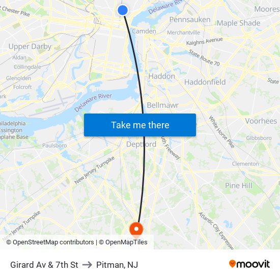 Girard Av & 7th St to Pitman, NJ map