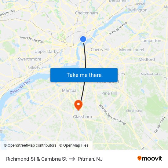 Richmond St & Cambria St to Pitman, NJ map