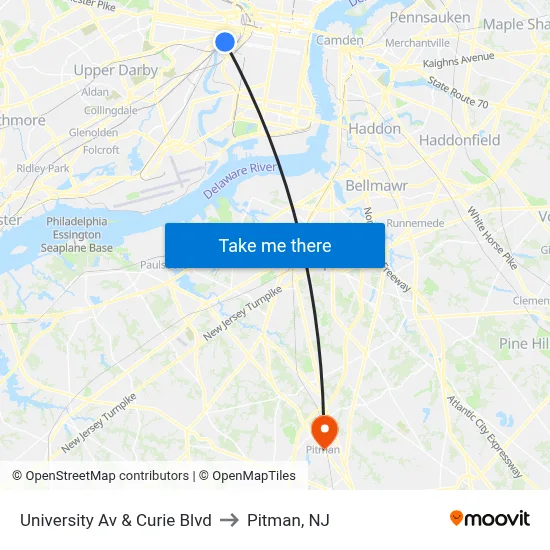 University Av & Curie Blvd to Pitman, NJ map