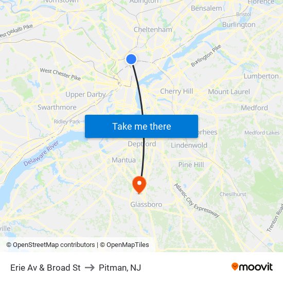 Erie Av & Broad St to Pitman, NJ map