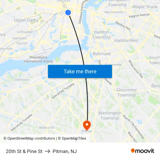 20th St & Pine St to Pitman, NJ map