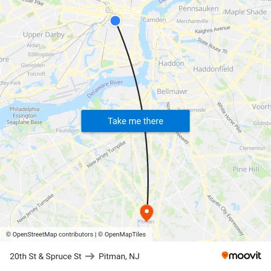 20th St & Spruce St to Pitman, NJ map