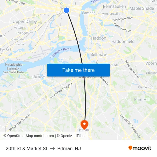20th St & Market St to Pitman, NJ map