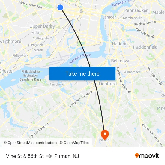 Vine St & 56th St to Pitman, NJ map