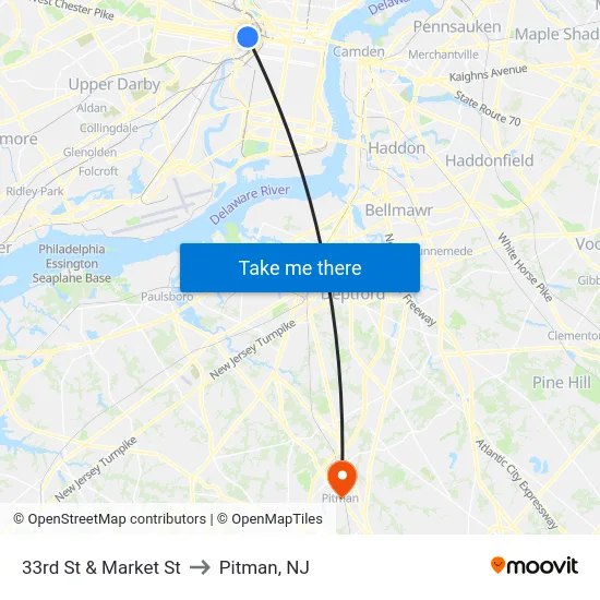 33rd St & Market St to Pitman, NJ map