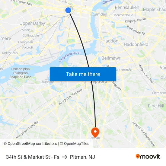 34th St & Market St - Fs to Pitman, NJ map