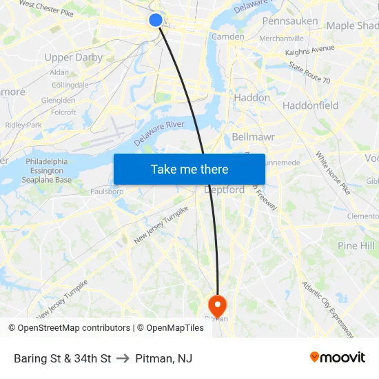 Baring St & 34th St to Pitman, NJ map