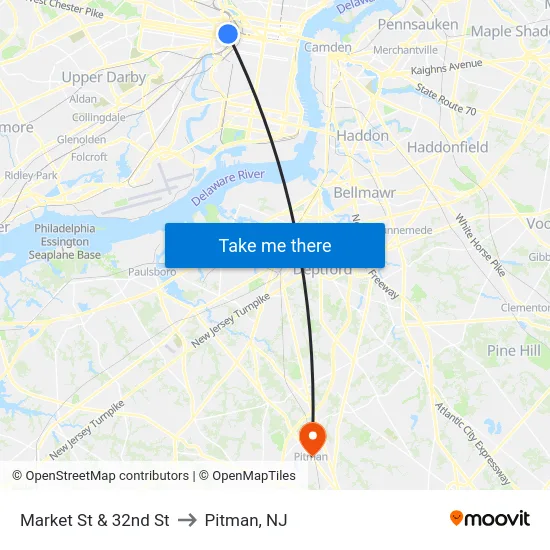 Market St & 32nd St to Pitman, NJ map