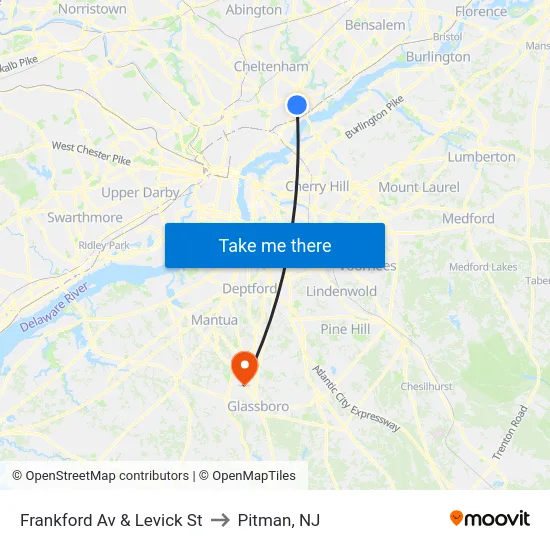 Frankford Av & Levick St to Pitman, NJ map