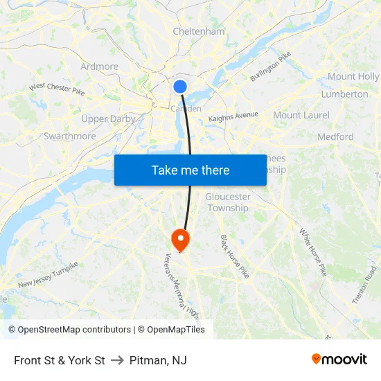 Front St & York St to Pitman, NJ map