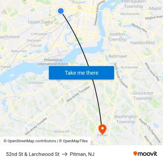 52nd St & Larchwood St to Pitman, NJ map