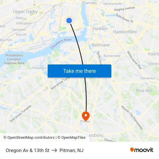 Oregon Av & 13th St to Pitman, NJ map