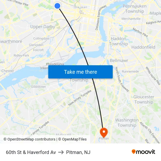 60th St & Haverford Av to Pitman, NJ map