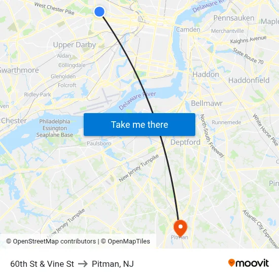60th St & Vine St to Pitman, NJ map