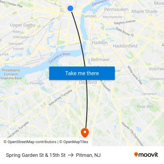 Spring Garden St & 15th St to Pitman, NJ map