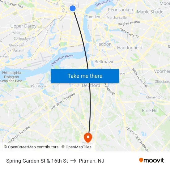 Spring Garden St & 16th St to Pitman, NJ map