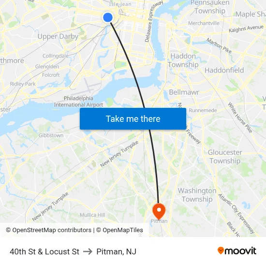 40th St & Locust St to Pitman, NJ map