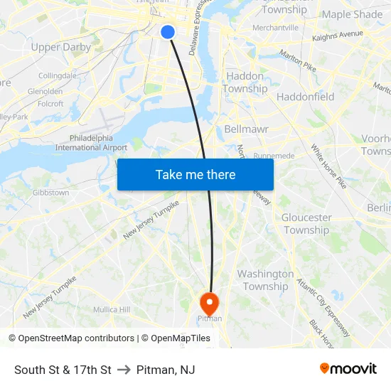 South St & 17th St to Pitman, NJ map
