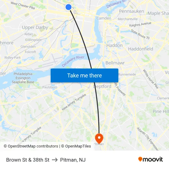 Brown St & 38th St to Pitman, NJ map