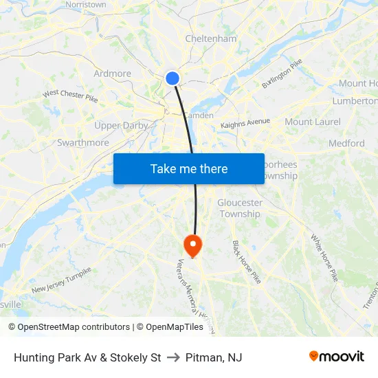 Hunting Park Av & Stokely St to Pitman, NJ map