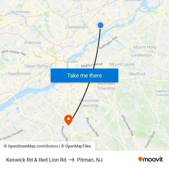 Keswick Rd & Red Lion Rd to Pitman, NJ map