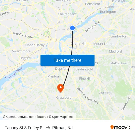 Tacony St & Fraley St to Pitman, NJ map