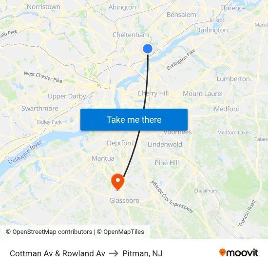 Cottman Av & Rowland Av to Pitman, NJ map