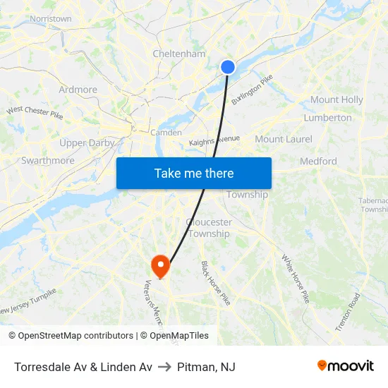 Torresdale Av & Linden Av to Pitman, NJ map