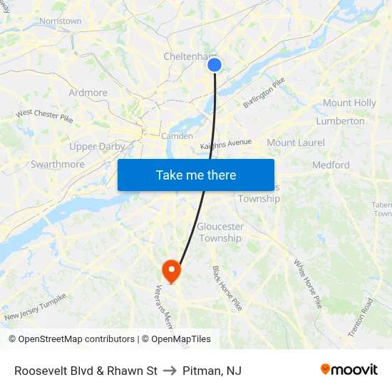 Roosevelt Blvd & Rhawn St to Pitman, NJ map