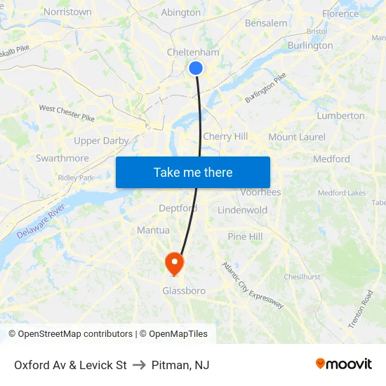 Oxford Av & Levick St to Pitman, NJ map