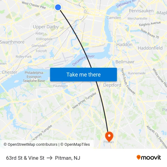 63rd St & Vine St to Pitman, NJ map