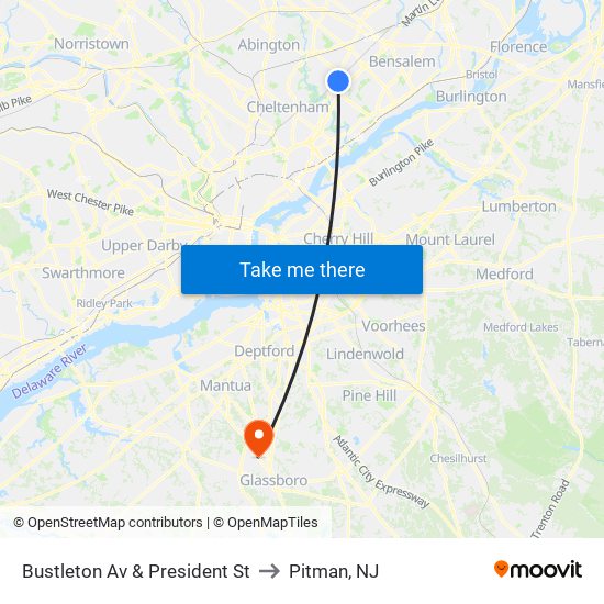 Bustleton Av & President St to Pitman, NJ map