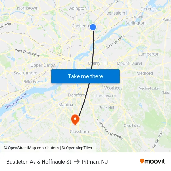 Bustleton Av & Hoffnagle St to Pitman, NJ map