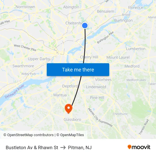Bustleton Av & Rhawn St to Pitman, NJ map
