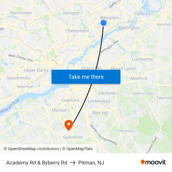 Academy Rd & Byberry Rd to Pitman, NJ map